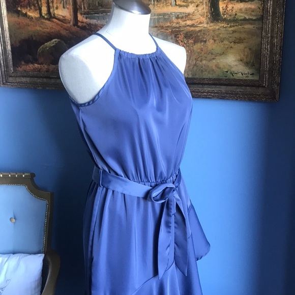 Fashion bluish gray asymmetric halter layered ruffled party maxi dress size S - Picture 9 of 15